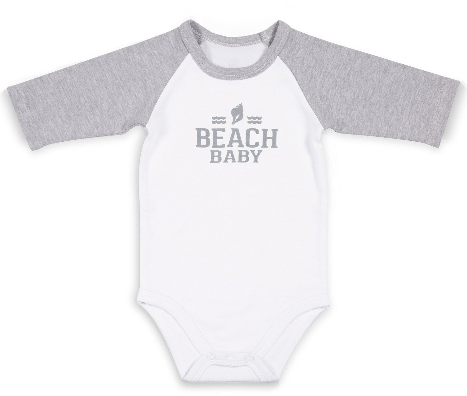 Gray & White Beach Baby 3/4 Sleeve Baby Onesie Baby Onesie We Baby - GigglesGear.com