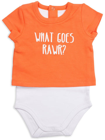 What Goes Rawr? Orange Dino Baby Shirt-Onesie Baby Onesie Izzy & Owie - GigglesGear.com