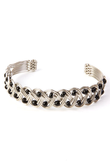 Kenyan Braided Silver Cuff Bracelet with Black Beads