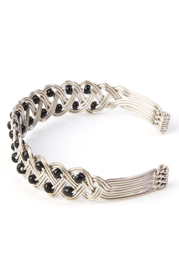 Kenyan Braided Silver Cuff Bracelet with Black Beads
