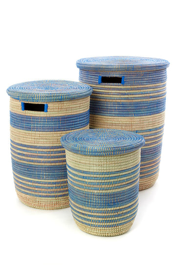 Set of Three Blue Ebb & Flow Striped Hampers
